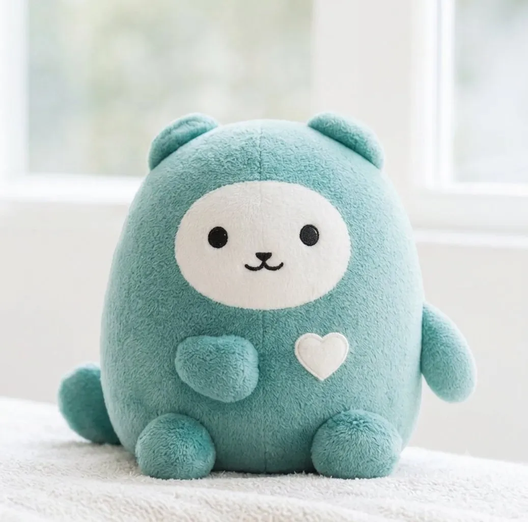 窓辺に座るティール色のくまのぬいぐるみ、マスコットの「ココロ」