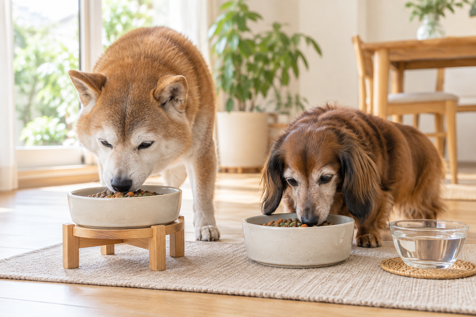 高さの異なる食器で食事をする2頭の犬